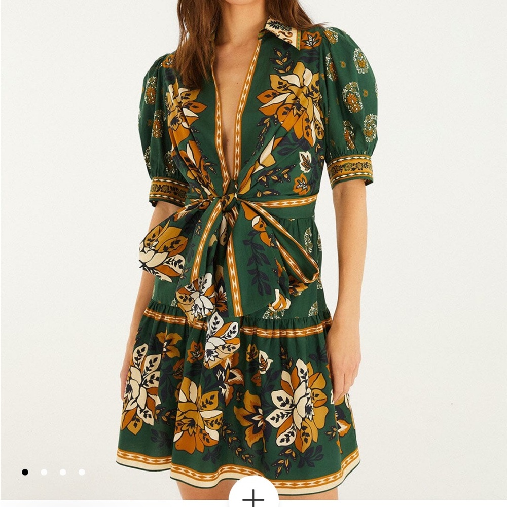 FARM Rio Green Floral Mini Dress with Mustard and White Accents - Picture 2 of 4